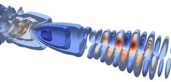 WarpX simulation visualization showing an electron and the surrounding plasma waves ti generates