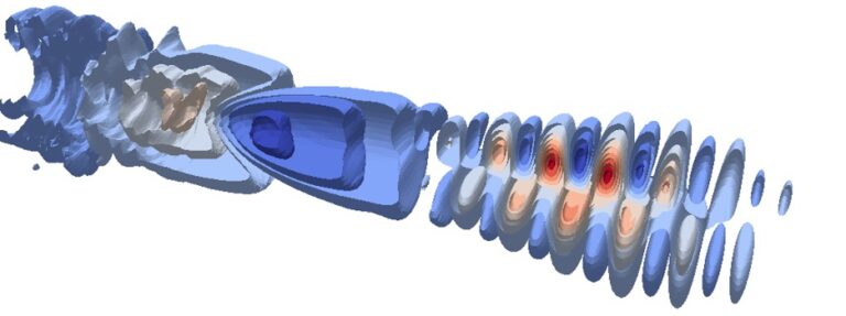 WarpX simulation visualization showing an electron and the surrounding plasma waves ti generates